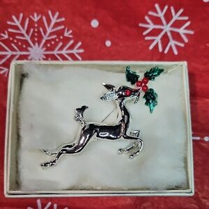 Vintage Silver Reindeer Brooch with Green and Red Accents